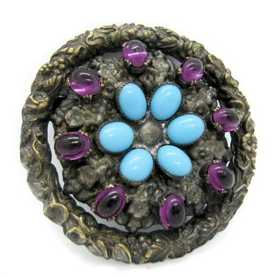 Antique Grape and Leaf Design Buckle Amethyst and Turquoise Glass Cabochons