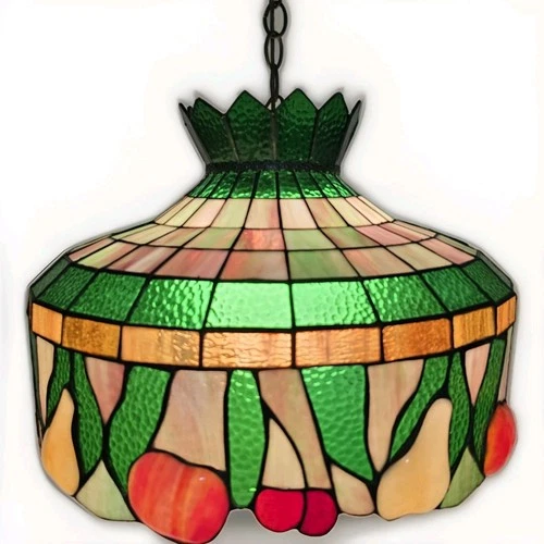 Massive 20” Vintage Tiffany Style Fruit Glass Pendant Lamp 144 Panels And Crown.