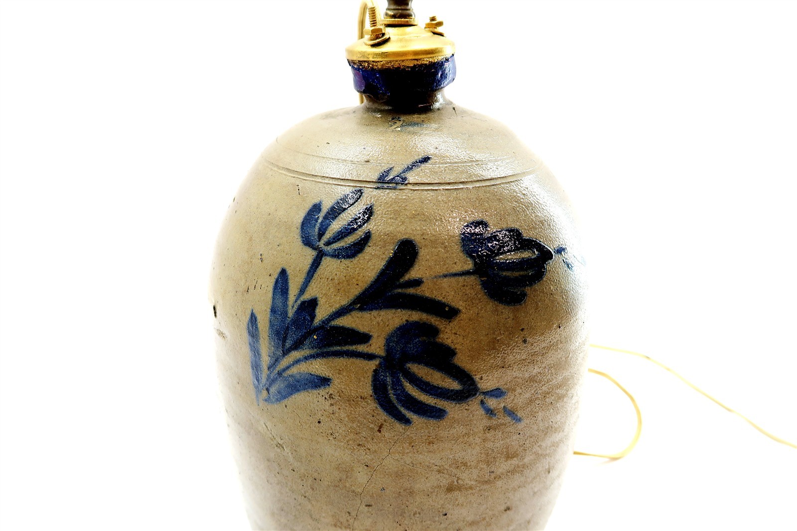 Vintage Blue Decorated Stoneware Handled Jug Table Lamp 28" Tall AS-IS CONDITION