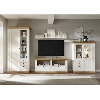Wohnwand Anbauwand Schrankwand Set Landhaus Tv Lowboard Vitrine Regal Weiß Eiche