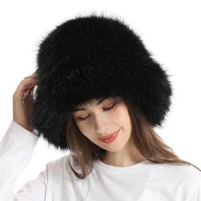 Women's Fuzzy Bucket Hat Y2K Fashion Fluffy Faux Fur Winter Hat