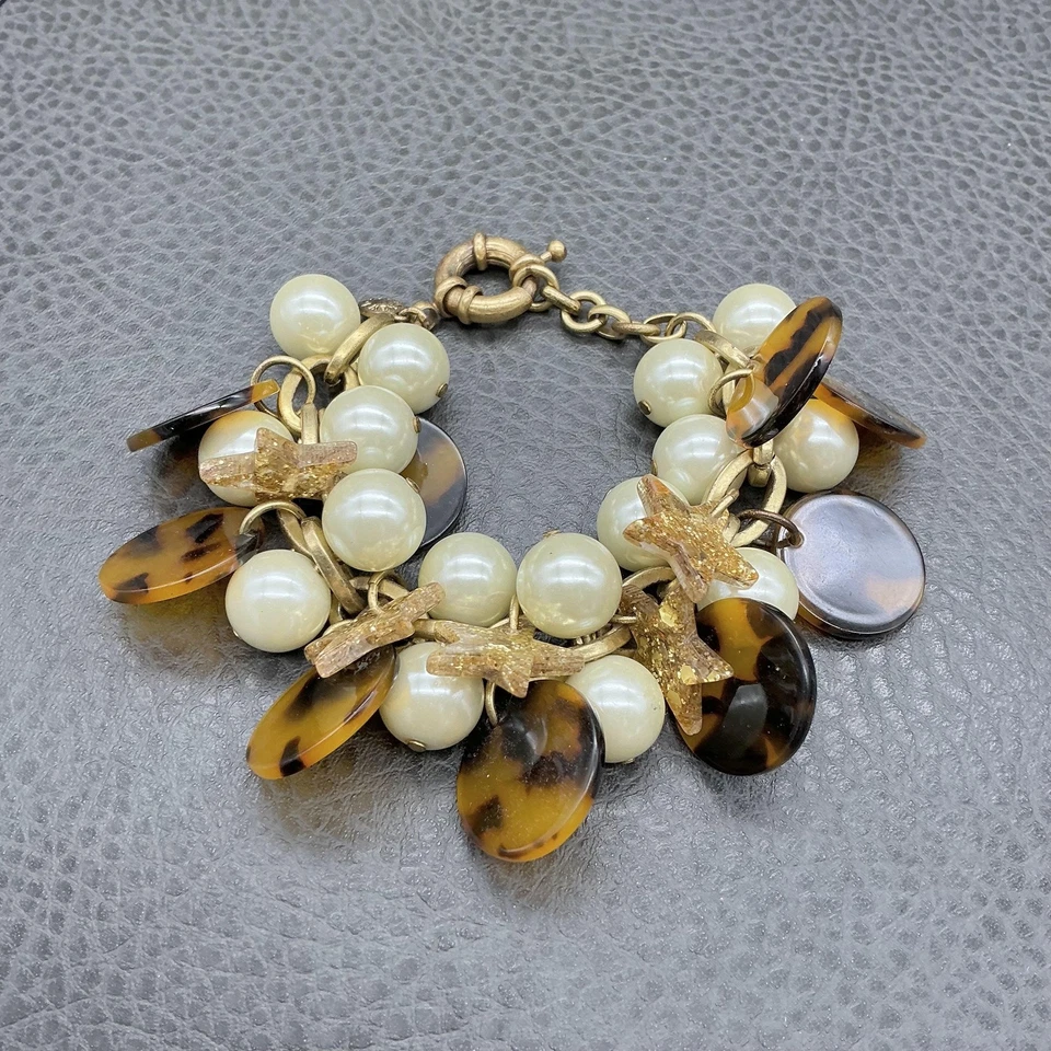 J.Crew Tortoise Disc Faux Pearl Star Charm Bracelet Gold Tone Spring Ring 7" - Image 3 of 4