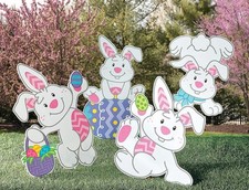 4-PC Flipping Bunnies w/ Decorated Eggs Yard Stakes Plastic Signs 20"-28"H  122