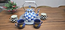 MacKenzie Childs SET of TEA KETTLE AND 4-Enameled Tea Mug Cup Flower and Check