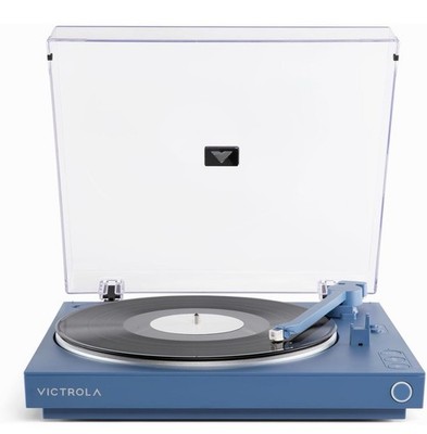 VICTROLA Automatic Bluetooth Turntable w Audio Technica, Aluminum Platter Blue