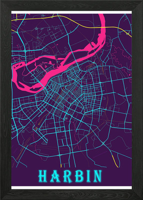 Harbin Neon Stadtplan gerahmtes Wandbild Poster Leinwanddruck Bild
