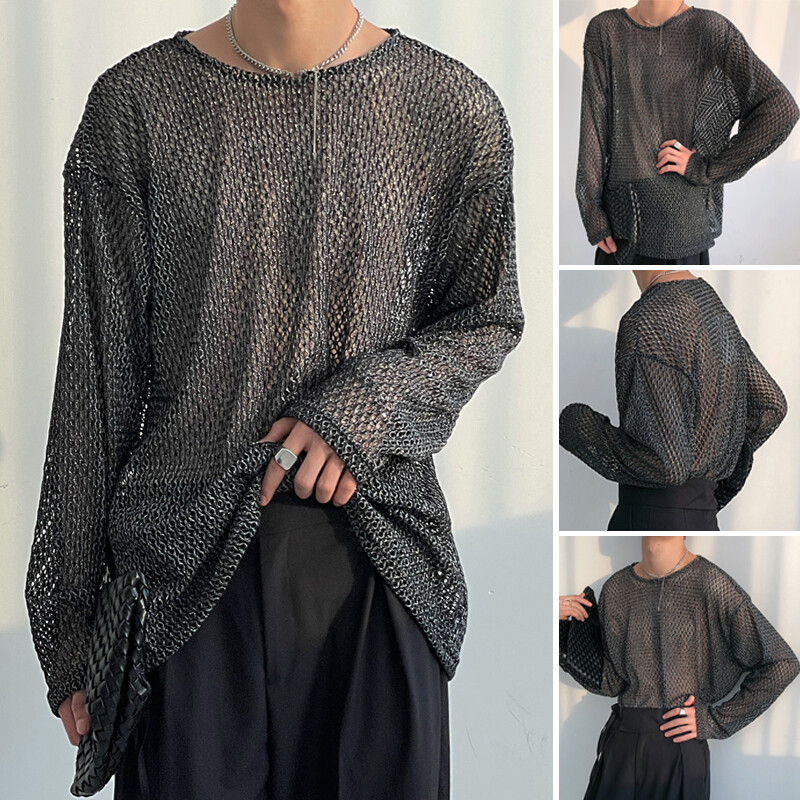 Mens Long Sleeve Crew Neck Hippie Mesh Fishnet T Shirts See