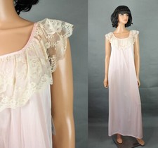 NOS Vintage Nightgown S M 80s Long Shiny Pink Nylon Ivory White Lace Maxi Gown