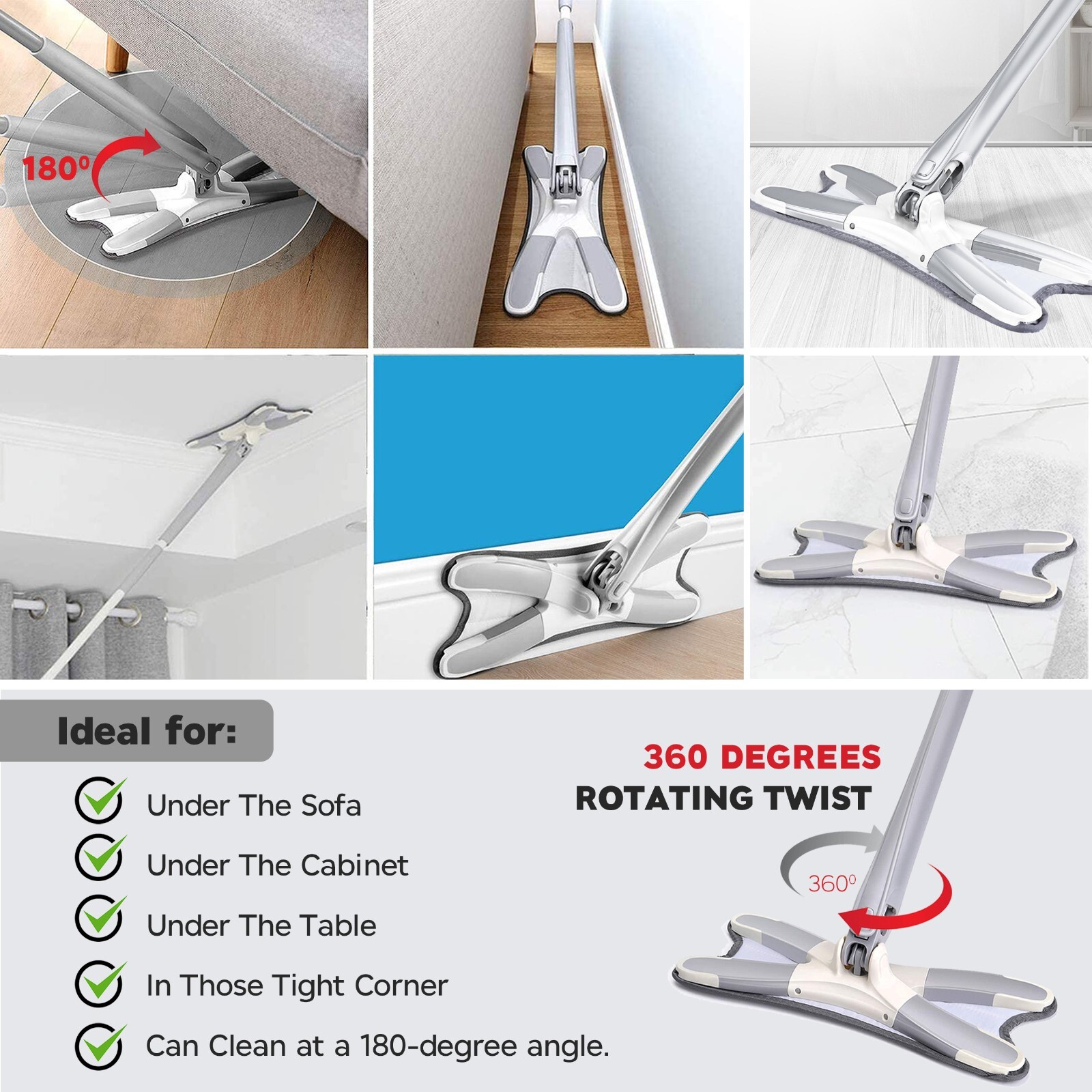 XType Flat Floor Mop 360 Rotating With 4 Reusable Microfibre Pads