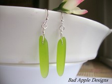 Long Frosted Green Sea Glass, Silver Dangle Earrings