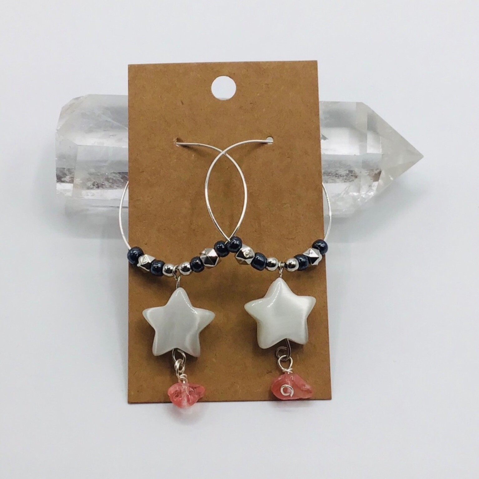 Hoop Earrings Boho White Star Carved Cat’s Eye Hematite Bead Silver Tone Dangle-image