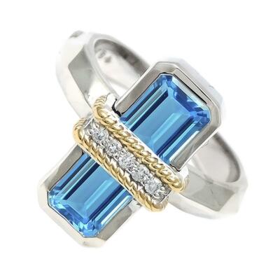 Andrea Candela 18k Gelbgold Diamanten Blautopas Kabel Heiligenschein Ring ACR325/07-BT