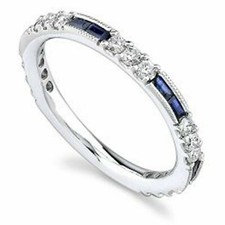 Wedding Band 14k White Gold 1.00Ct Simulated Diamond & Blue Sapphire Ring Size 9