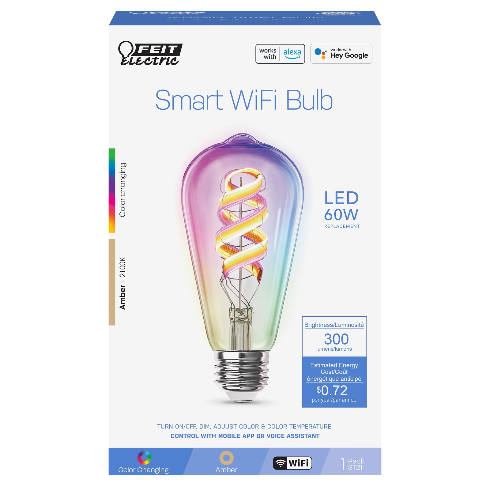 Color Changing Smart LED Light Bulb, ST Shape, E26 Base, Dimmable