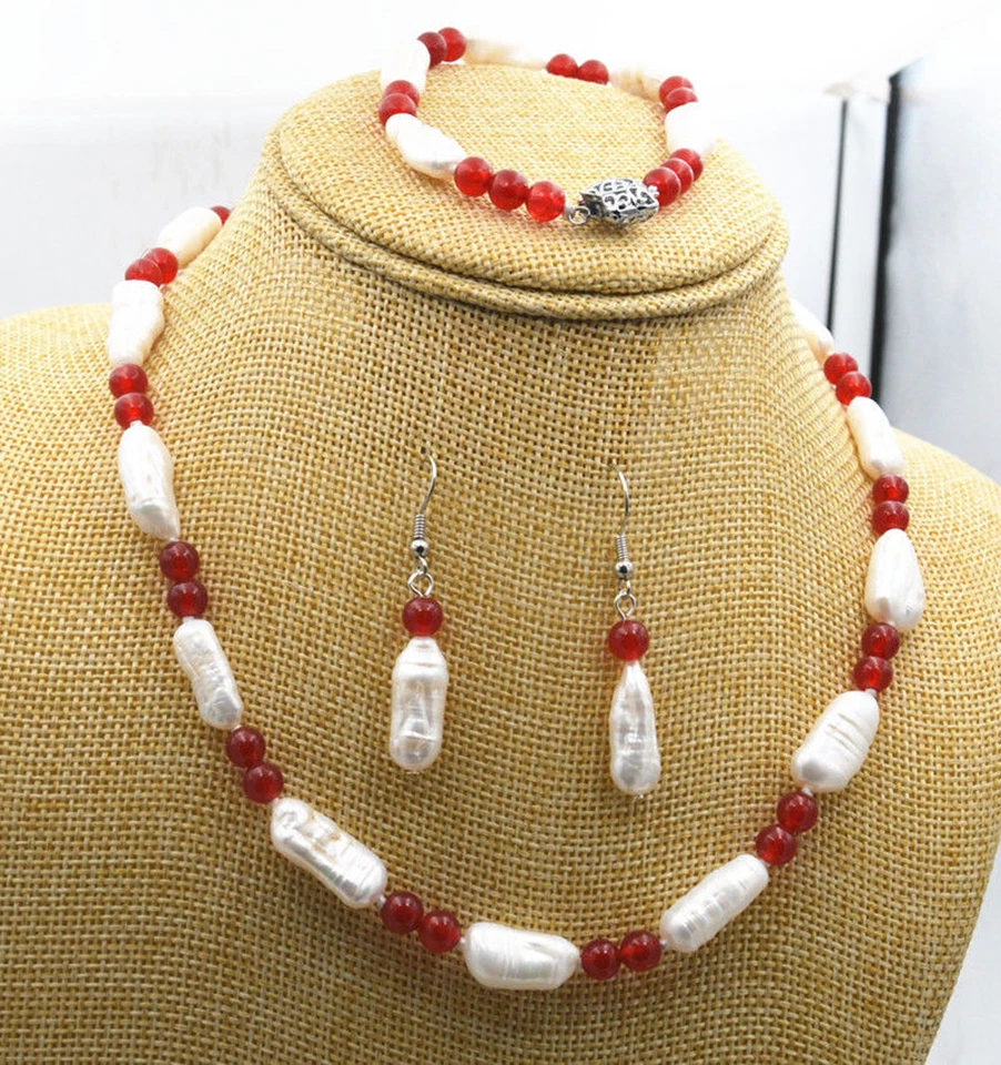 Juego de pendientes collar pulsera perlas Akoya naturales de 8-20 mm y jade rojo de 6 mm Foto 4 de 4