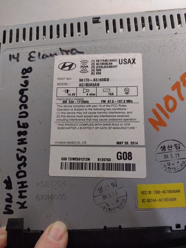 2014 2015 Hyundai Elantra AM FM Radio Receiver 96170-A5160GU - Picture 5 of 6