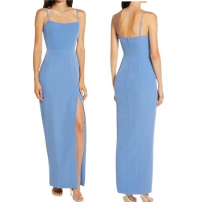 WAYF The Lettie Column Gown In Evening BLUE Strappy Slit Bridesmaids Dress SizeL