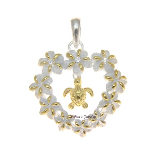 925 SILVER HAWAIIAN HONU TURTLE PLUMERIA FLOWER PENDANT CZ - Arthur's