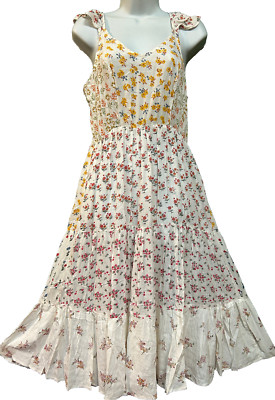 Nwt SACRED THREADS floral bohemian funky hippie rayon tier DRESS S/M Free shipp