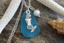 Handmade in Hawaii, Blue sea glass necklace, Mermaid charm , Fresh water