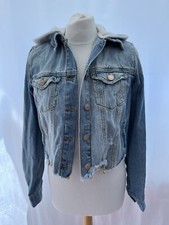 Forever 21 Cropped Hooded Denim Jacket Size S Blue Cotton Long Sleeve Collar