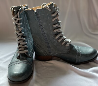 Candies BOHO Canash Blue Faux Leather Lace Up Combat Boots Side Zip  Women's