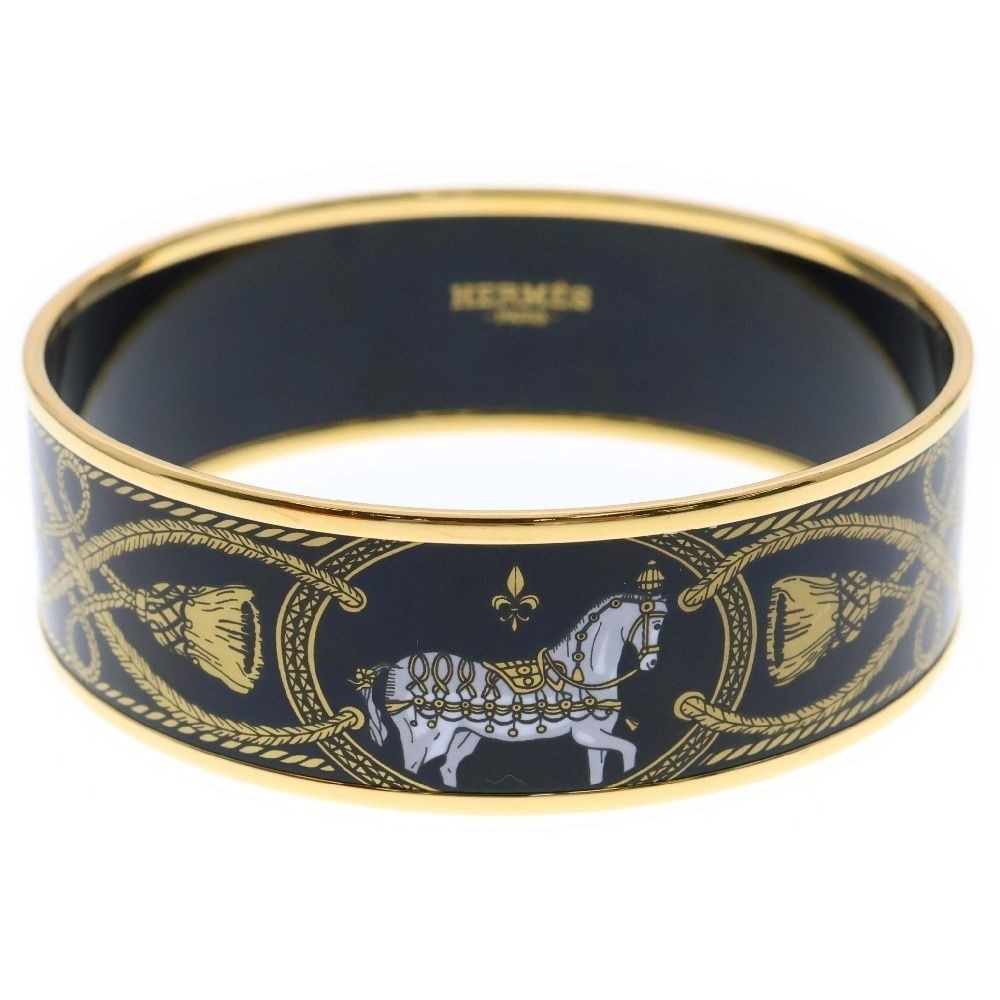 HERMES GM Gold Black Enamel Horse Bangle Cloisonné France Vintage-image
