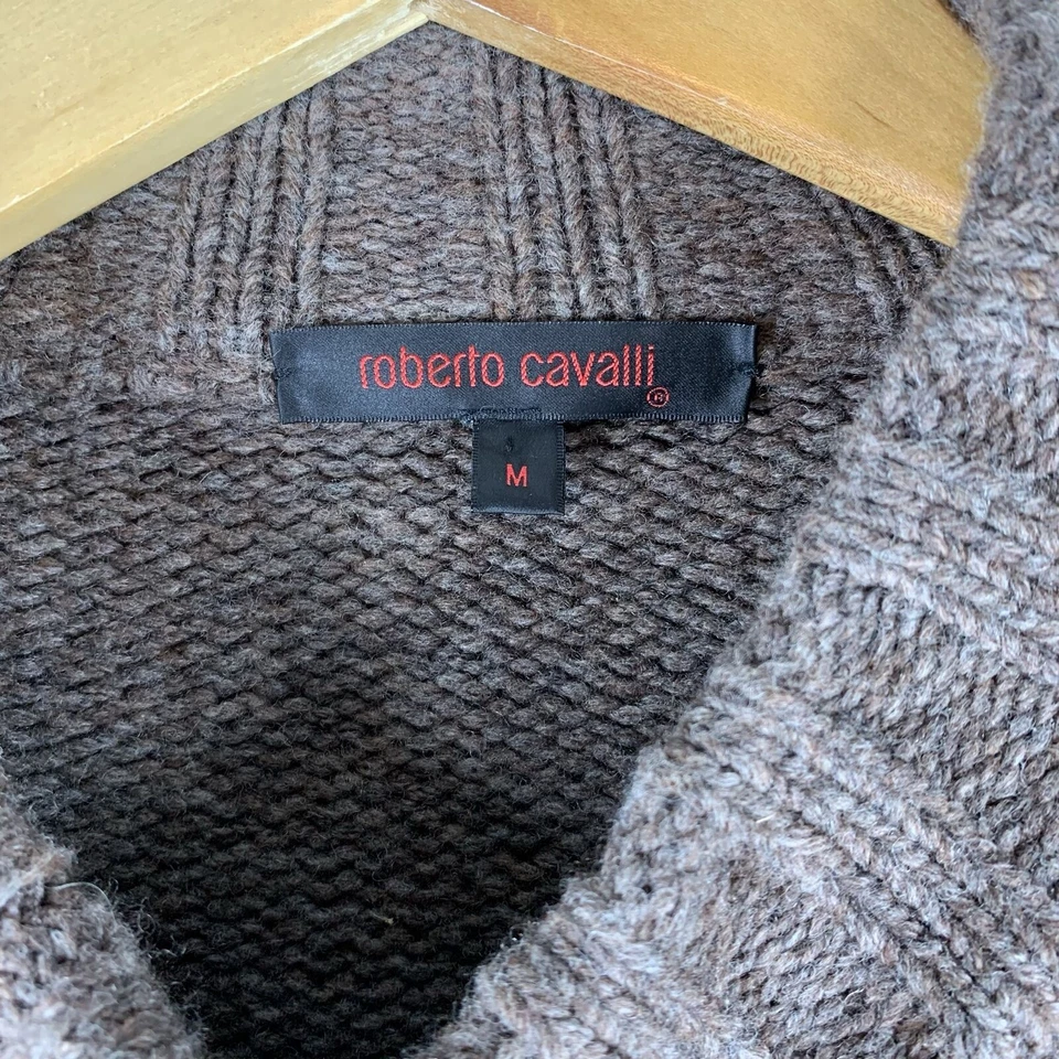 ROBERTO CAVALLI Marrón Camel Pelo/Lana Piel Argyle Cremallera Cárdigan Suéter Para Hombre M Foto 4 de 4