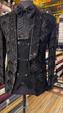 Men's Black 2-Piece Suit Floral Embroidered Western Wedding Prom Slim