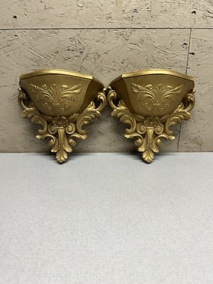 VTG MCM Pair Of HOMCO Gold Wall Pockets Planter Sconces Hollywood Regency