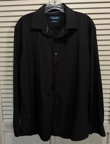 Nautica Long Sleeve Button Down Shirt Black Slim Fit Size 16-16 1/2 (32-33) Soft