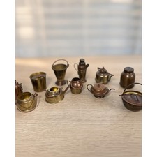 Vintage Japan Miniature Brass Copper Kitchenware Lot, 12 Piece Dollhouse Decor