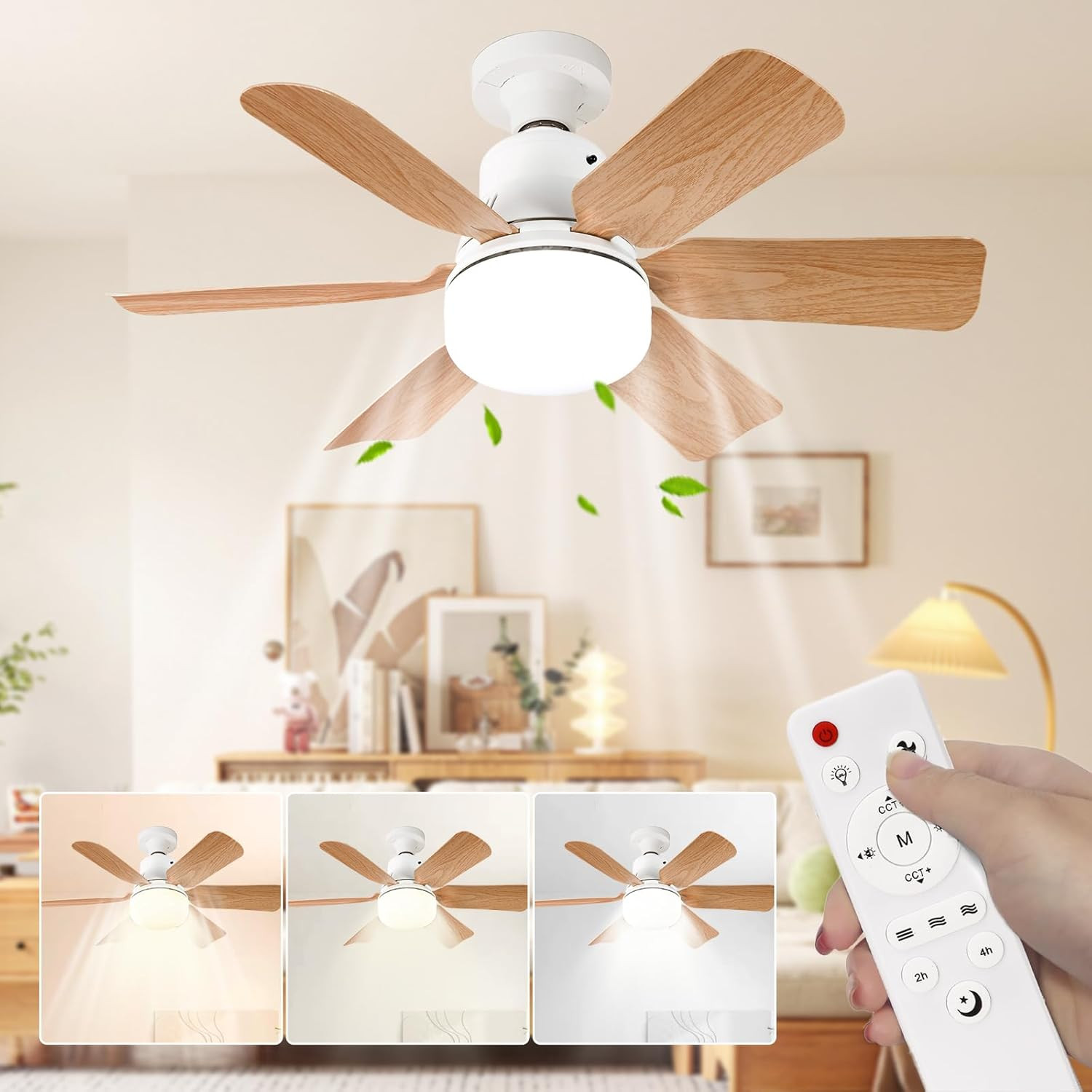 Ventilateur plafond avec lumière grain de bois 51cm pour chambre