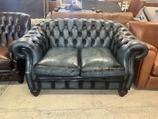 Chesterfield Blue Real Leather Two Seater Sofa