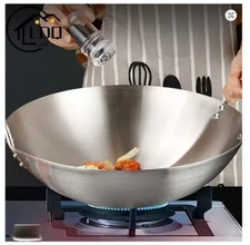 Large Stainless Steel Wok, Thick Uncoated Chef Pan with Dual Handles Durable