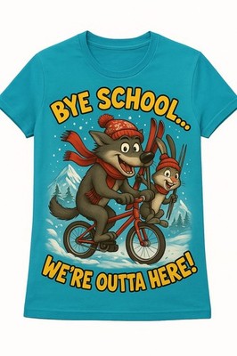 Funny Wolf Hare Winter Break T Shirt Bye School Were Outta Here Kids Holiday Tee