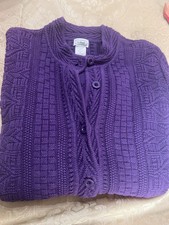 L.L. Bean Purple Cotton Fisherman Cable Knit Cardigan Sweater Size XL LL Bean