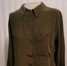 Jones New York Womens Sz 8 100% Silk Blouse Olive Green Button Up French Cuff 