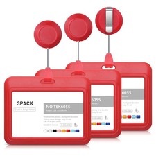 ID Badge Holder with Retractable Badge Reel Clips, 3 Pack Horizontal Red F7W1