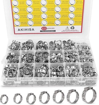 AKIHISA 420Pcs 20 sizes Single Ear Hose Clamps, 7-28.6mm 304 Stainless Steel