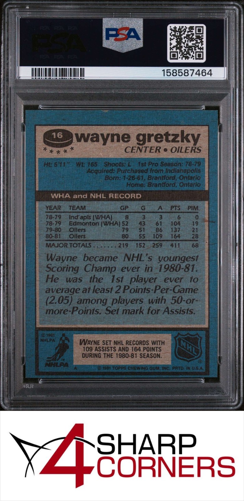 1981 TOPPS #16 WAYNE GRETZKY OILERS HOF PSA 7 view 2