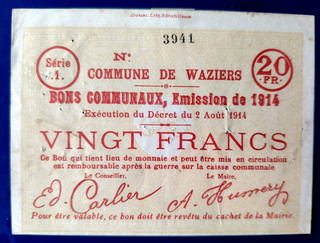 WAZIERS 20 Frs 2/8/1914 Pirot 59/2788 Rareté (R 1 )