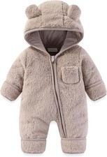 Adorable newborn baby bear outfit with hood, fold-over mittens, and footies. Sof