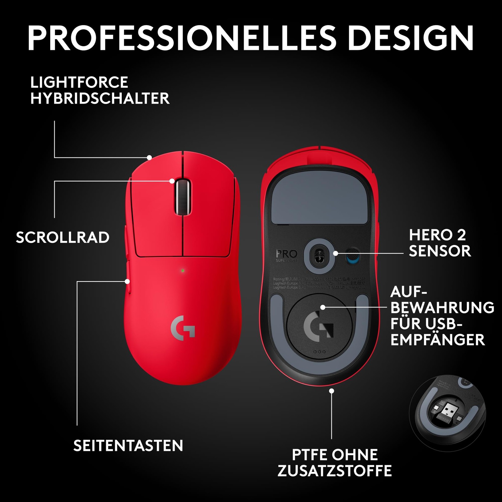 Logitech G PRO X Superlight 2 SE kabellose Gaming-Maus Rot Ansicht 6