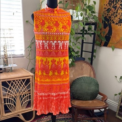 Vintage 60s Ruth Walter Micro Pleat High Neck Back Zip Mod Groovy Twiggy Dress