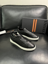 Zegna Triple Stitch Black Grained Leather Slip On Sneakers For Men Daily Casual