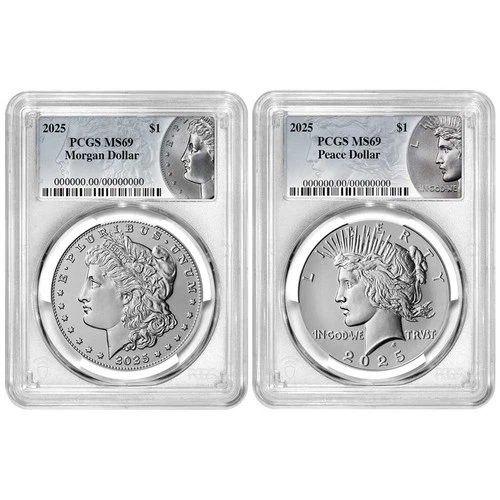 2pc Set - 2025 $1 Morgan and Peace Silver Dollar PCGS MS69 Morgan and Peace