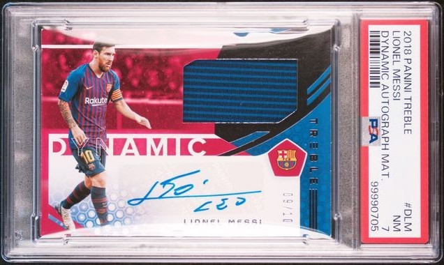 Lionel Messi 2018 Panini Treble Dynamic Auto Patch Jersey /10 #DLM PSA 7 NM view 1