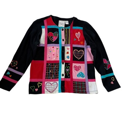 Michael Simon Light Women Black Heart Patchwork Embroidered Cotton Cardigan S