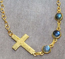 Collana Croce Fuoco Lunetta Labradorite Placcata Oro 18" Holiday Glam Jewelry GW